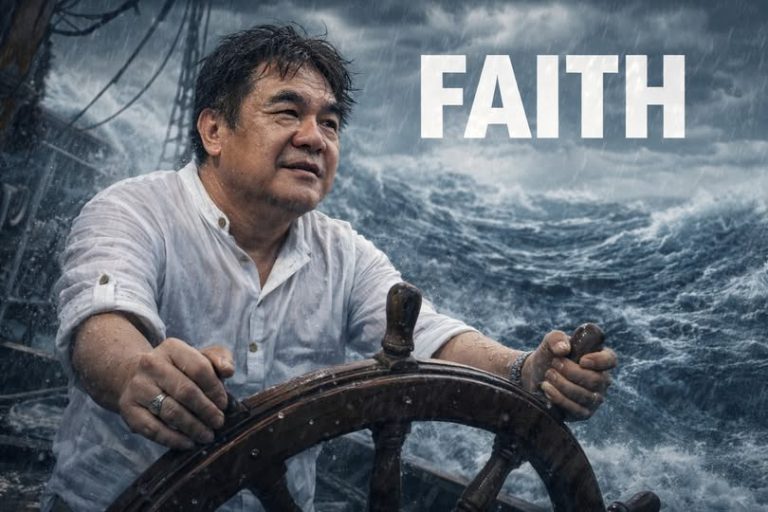 Person in desperate hold of the steering wheel to steady the ship during a storm.