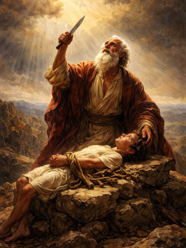 Abraham about to slaughter his son Isaac.