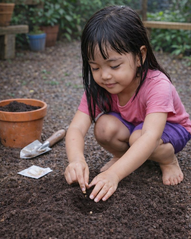 toddler planting a seed